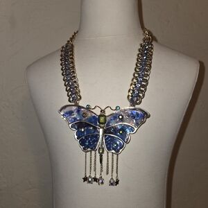 Betsey Johnson Blue Wing Butterfly Statement Necklace Gold Tone